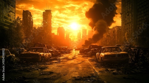 Rusted,Abandoned Vehicles Clogging the Crumbling Roads of a Dystopian,Post-Apocalyptic Urban Hellscape