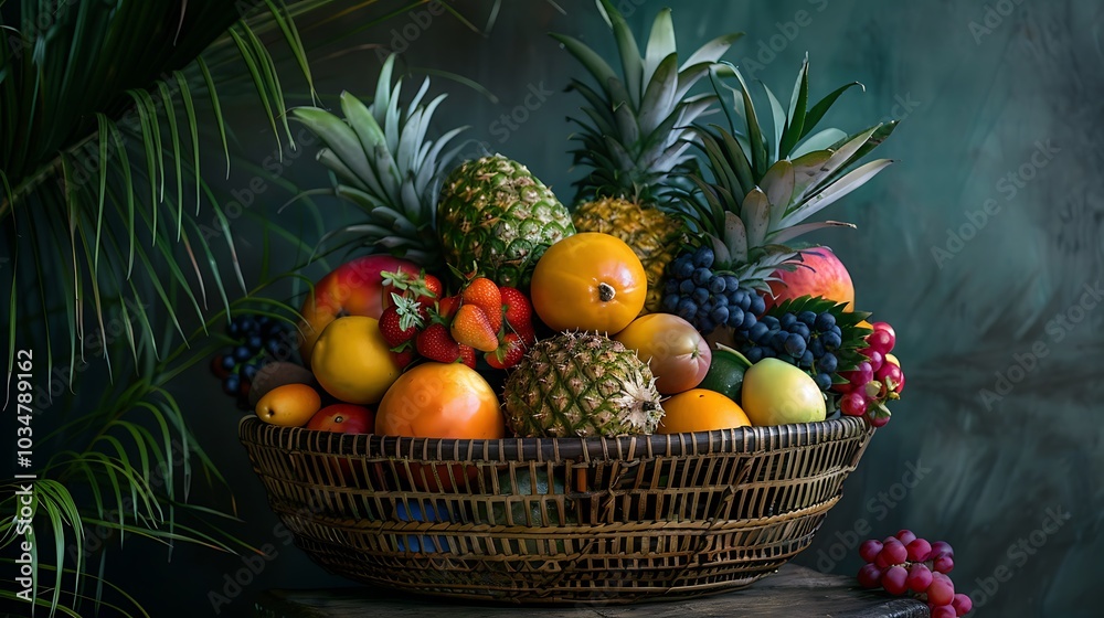 A basket filled to the brim with colorful tropical fruits