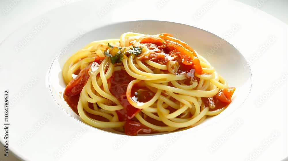 Camera films a 360-degree rotation of twirled spaghetti with rich tomato sauce on a white background, using rim lighting Camera films a 360-degree rotation of twirled spaghetti with rich tomato sauce on a white background, using rim lighting