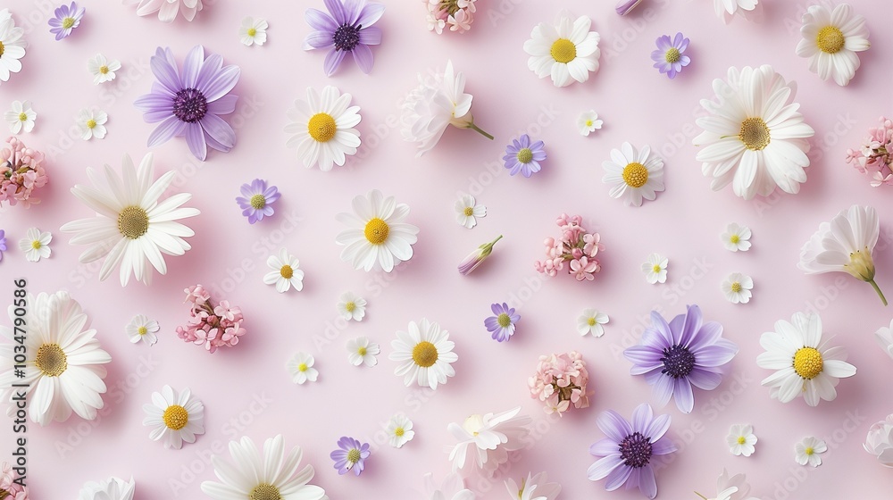 Chamomile and other purple flower botanical spring flower pattern background