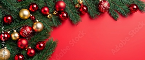 A flat lay composition featuring lush pine tree branches adorned with red and golden Christmas balls, beautifully arranged on a vibrant red background