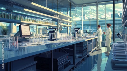 A high-tech research lab where scientists are conducting experiments or analyzing bio-samples, with test tubes, microscopes, and data analysis tools in a modern setting