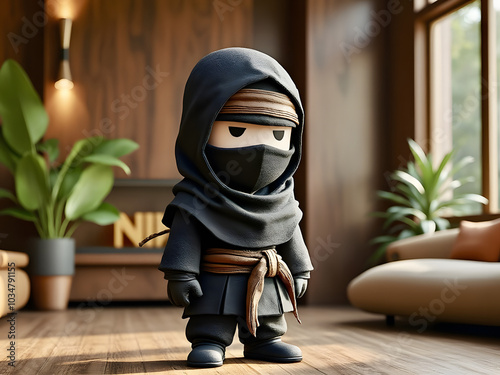 A cute ninja character stands confidently in a stylish interior with modern furniture and vibrant greenery during daylight photo