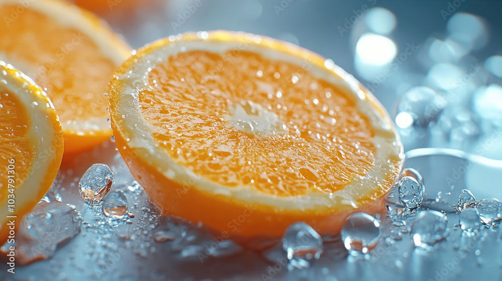 Orange slices and water droplets on the table Orange slices and water droplets on the table