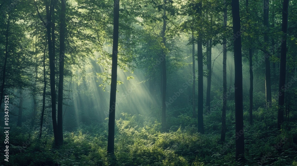 Sunlight streams through dense, foggy forest.
