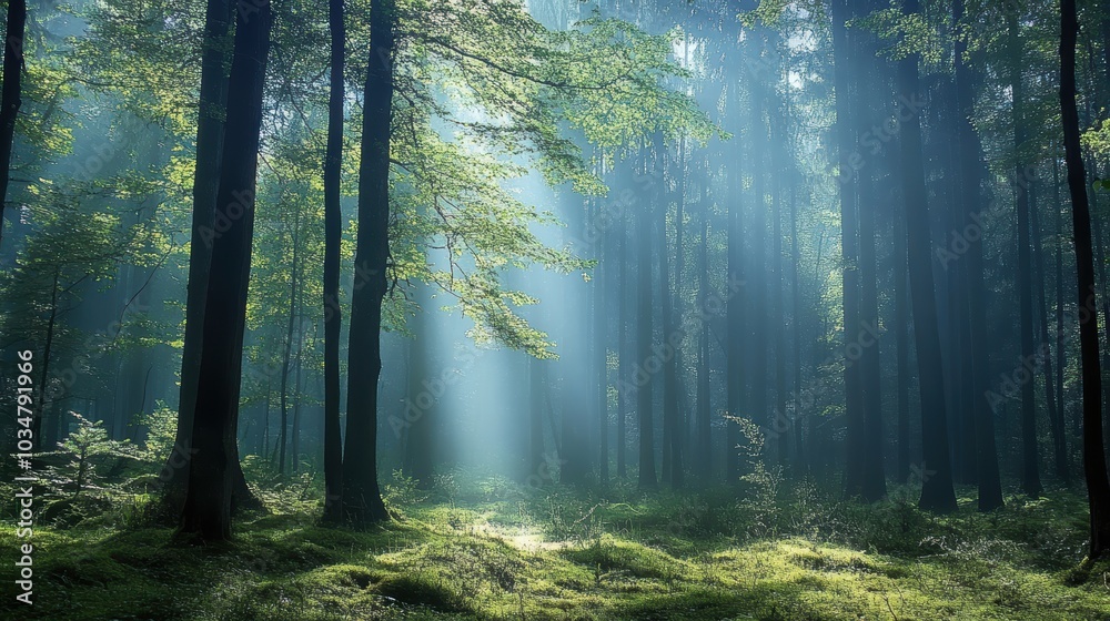 Obraz premium Sunlight pierces through a dense, misty forest.