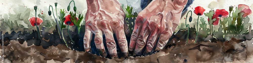 Hands press into the earth, carefully planting seeds amidst fresh soil and blooming flowers, capturing the essence of nurturing nature in a garden setting, banner Hands press into the earth, carefully planting seeds amidst fresh soil and blooming flowers, capturing the essence of nurturing nature in a garden setting, banner