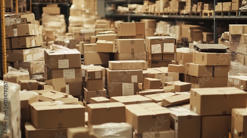 2408 31.A busy distribution warehouse table filled with stacked cardboard boxes, each labeled for shipping. The scene captures the organized chaos of a commercial stockroom, ready for dispatching