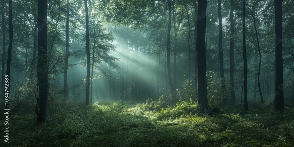Fototapeta premium Misty forest with sunbeams shining through trees.