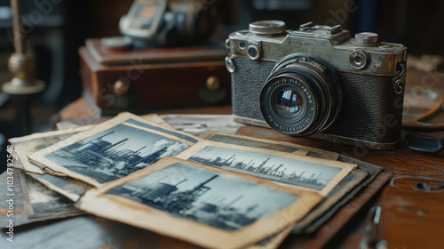 The old camera on the table and the old photos taken photo