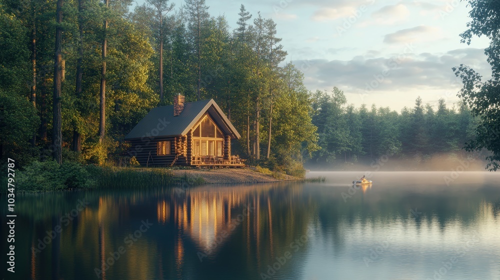 Wooden cabin on lake with trees and fog. Wooden cabin on lake with trees and fog.