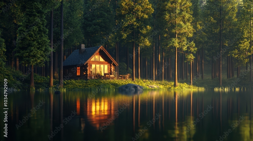Luminous cabin by lake in dense forest. Luminous cabin by lake in dense forest.