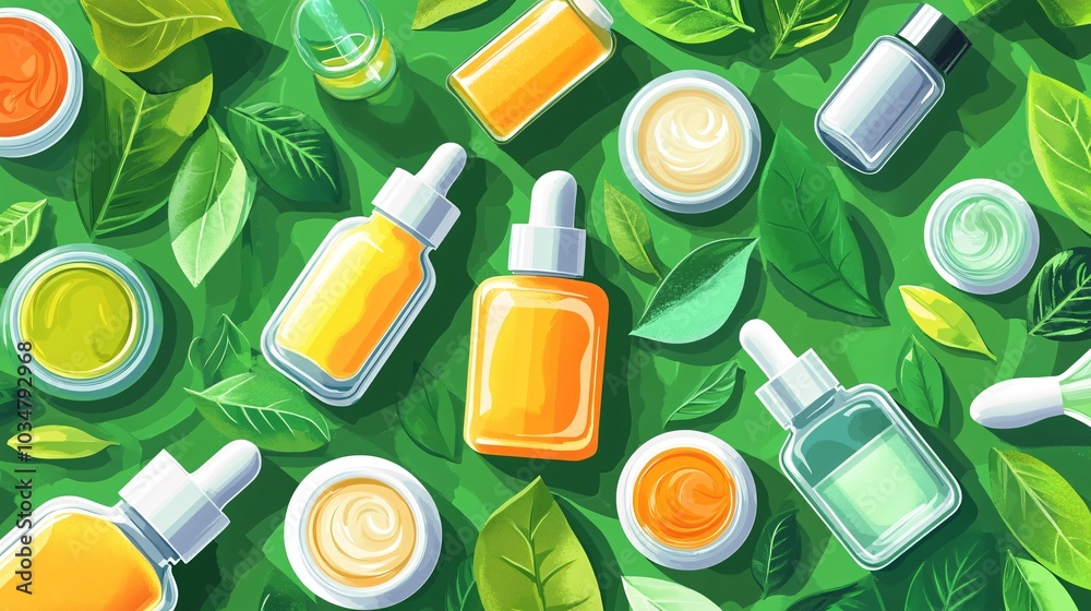 2408 85.A detailed flat illustration of various anti-aging skincare products, including colorful jars of creams, bottles of natural oils, and organic serums. The playful arrangement of the stickers 2408 85.A detailed flat illustration of various anti-aging skincare products, including colorful jars of creams, bottles of natural oils, and organic serums. The playful arrangement of the stickers