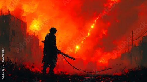 Shadowy Warrior Wielding Glowing Chainlinked Weapon in Apocalyptic Cityscape