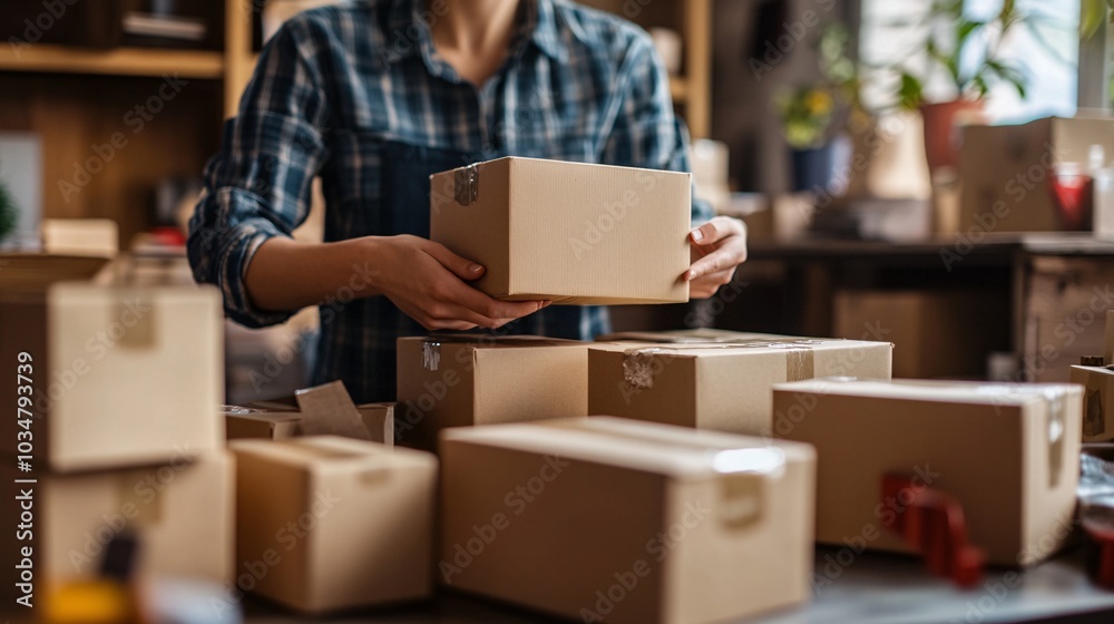 2408 45.A close-up of an entrepreneur arranging small brown parcel boxes, preparing for delivery in a home-based business. The workspace is cluttered with packing supplies and products, symbolizing 2408 45.A close-up of an entrepreneur arranging small brown parcel boxes, preparing for delivery in a home-based business. The workspace is cluttered with packing supplies and products, symbolizing