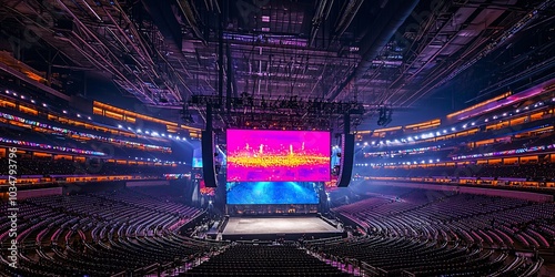 Empty arena with a large video screen, ready for a concert or event.