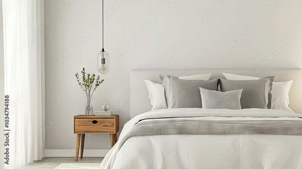 A modern bedroom with chic decor featuring a neatly made bed, decorative cushions, and a minimalist nightstand A modern bedroom with chic decor featuring a neatly made bed, decorative cushions, and a minimalist nightstand