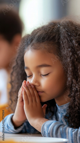 A young girl is praying in front of a table. She is wearing a blue shirt and has long hair