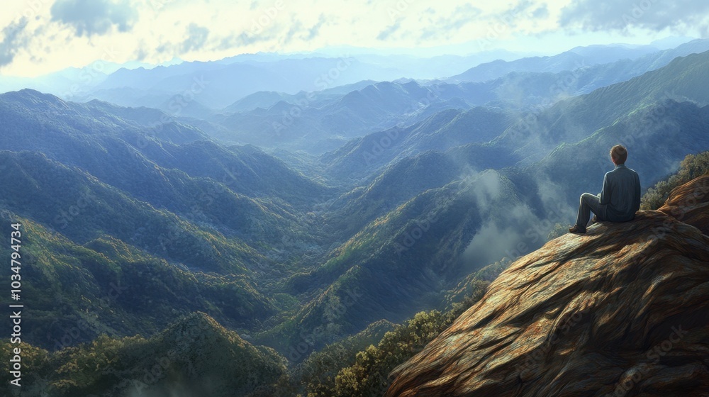 Obraz premium Serene Landscape with Figure Overlooking Mountain View