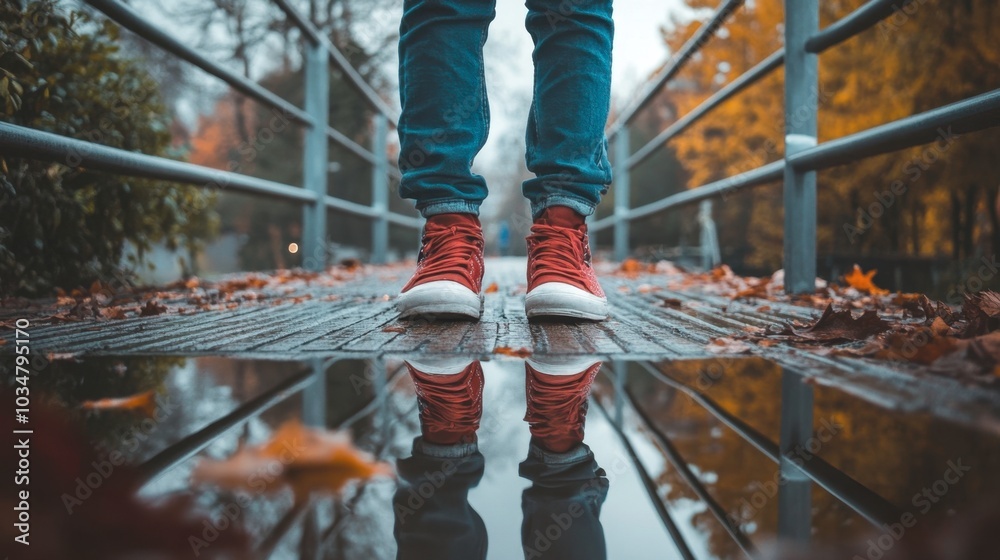 Bright Red Sneakers on a Rainy Wooden Pathway