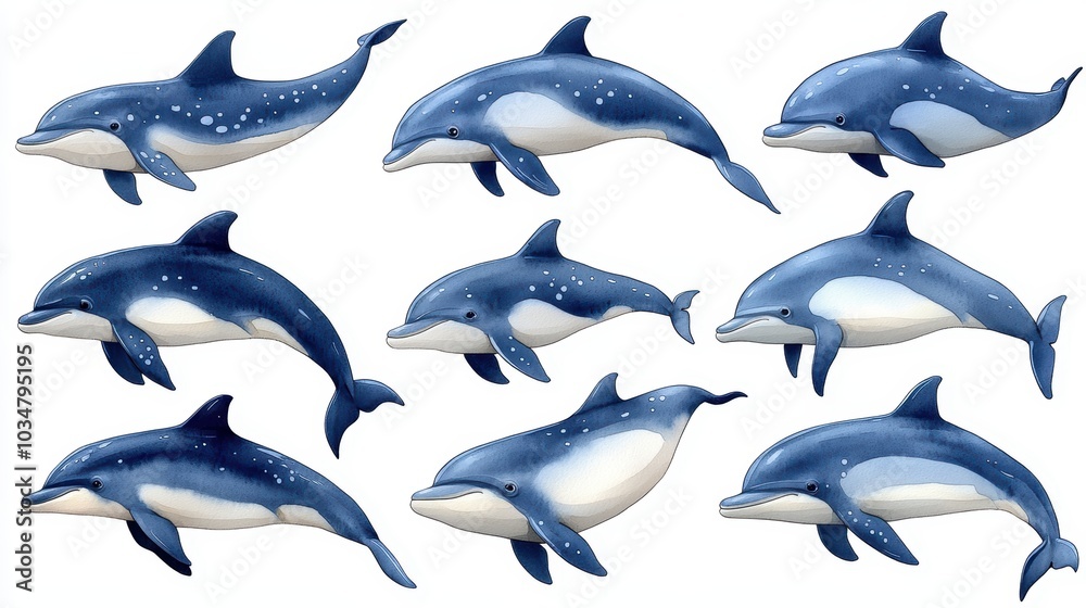 Fototapeta premium Nine spotted dolphins swimming.