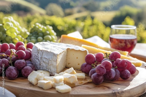 Cheese and Grapes Platter with Wine on a Wooden Board photo