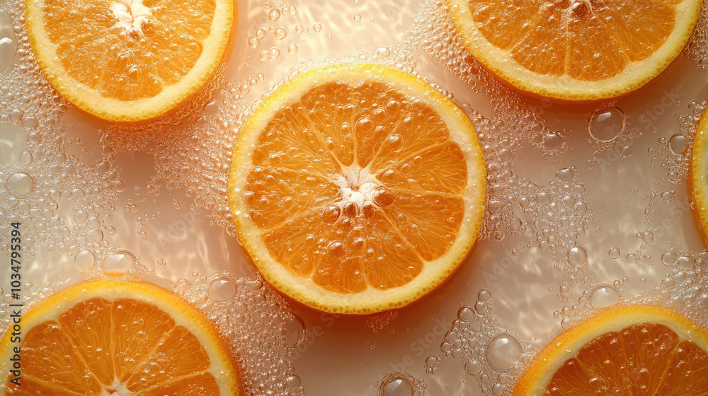 Fototapeta premium Orange slices and water droplets on the table