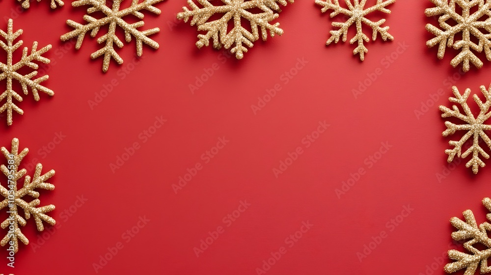 Elegant Golden Snowflakes Falling on a Festive Red Background with Copyspace Elegant Golden Snowflakes Falling on a Festive Red Background with Copyspace