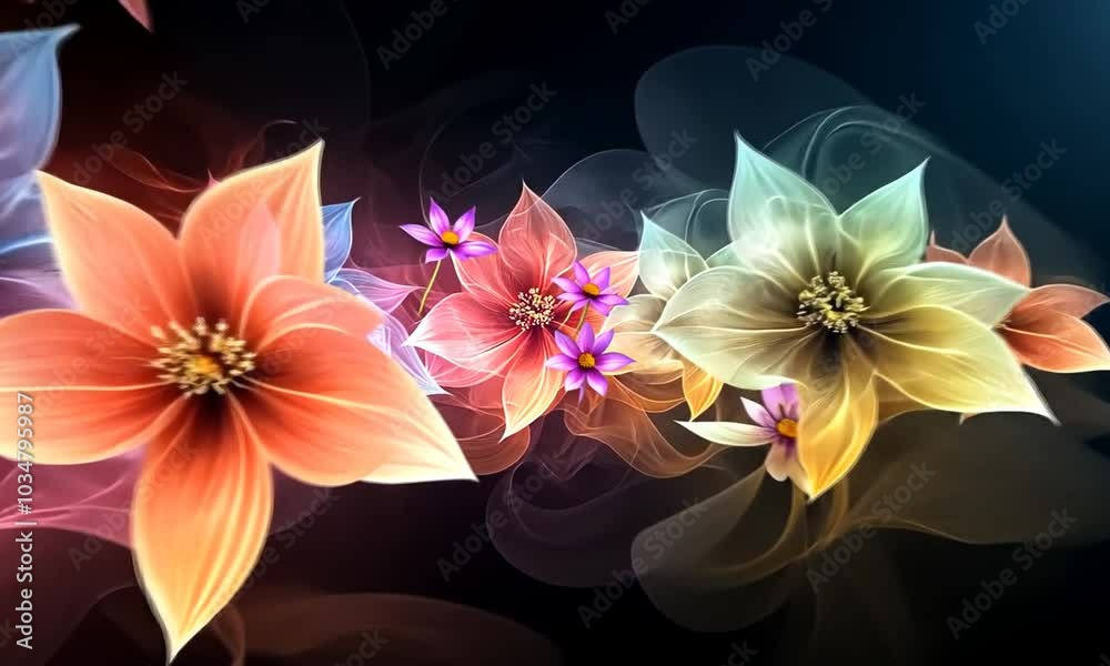 Three abstract flowers with red, orange and yellow petals, designed with thin lines and blurry effect on a dark background. Three abstract flowers with red, orange and yellow petals, designed with thin lines and blurry effect on a dark background.