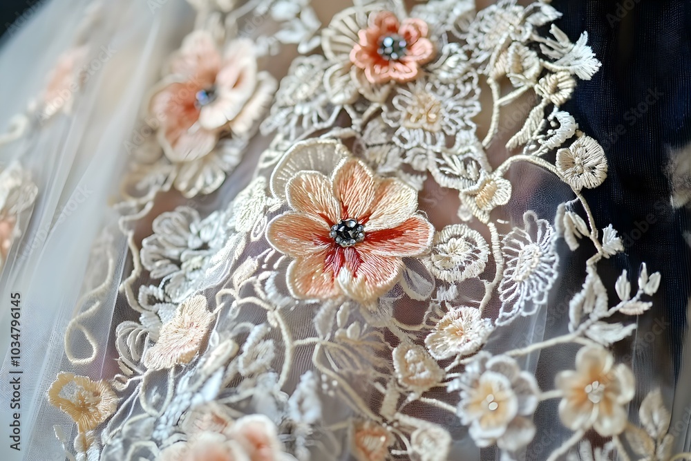 Fototapeta premium Exquisite Embroidered Lace Fabric with Floral Pattern