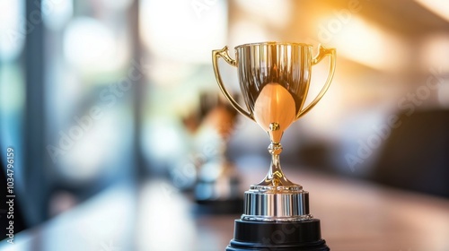 Golden Trophy on Table in Bright Office Environment