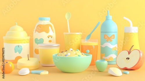 2408 60.A vibrant illustration of healthy baby food items including a bowl of porridge, a yogurt container, a juice bottle, and an apple puree box. The playful, 3D design highlights the freshness and