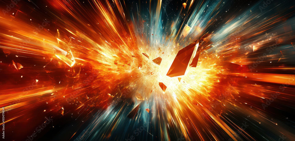 Dynamic explosion of orange and blue glowing fragments in space. Dynamic explosion of orange and blue glowing fragments in space.