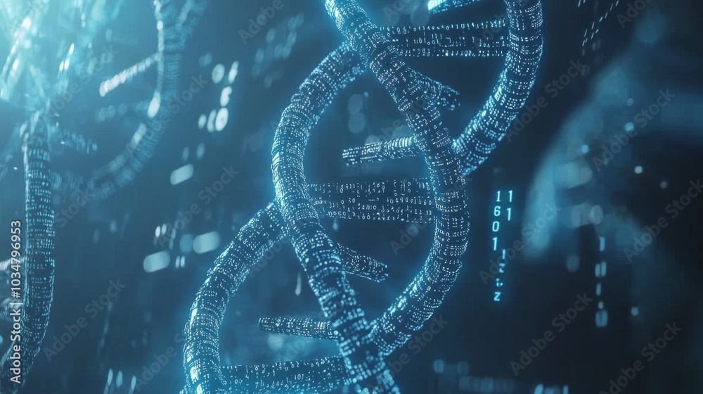 Abstract DNA Helix in Digital Blue Glow: A close-up of a 3D digital DNA helix, glowing in a futuristic blue color, surrounded by data points and numbers, symbolizing genetic research and bioinformatic Abstract DNA Helix in Digital Blue Glow: A close-up of a 3D digital DNA helix, glowing in a futuristic blue color, surrounded by data points and numbers, symbolizing genetic research and bioinformatic