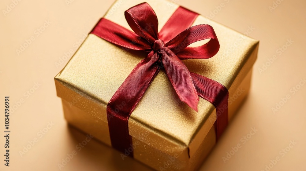 Elegant Gift Box with Red Ribbon on Gold Background Elegant Gift Box with Red Ribbon on Gold Background
