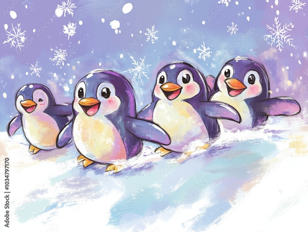 Four cheerful cartoon penguins waddle across a snowy landscape, surrounded by snowflakes against a light purple backdrop. Four cheerful cartoon penguins waddle across a snowy landscape, surrounded by snowflakes against a light purple backdrop.
