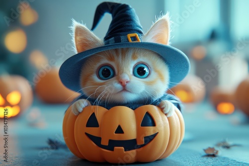 A cute kitten wearing a witch hat peeks out from a carved pumpkin, surrounded by festive Halloween decorations.