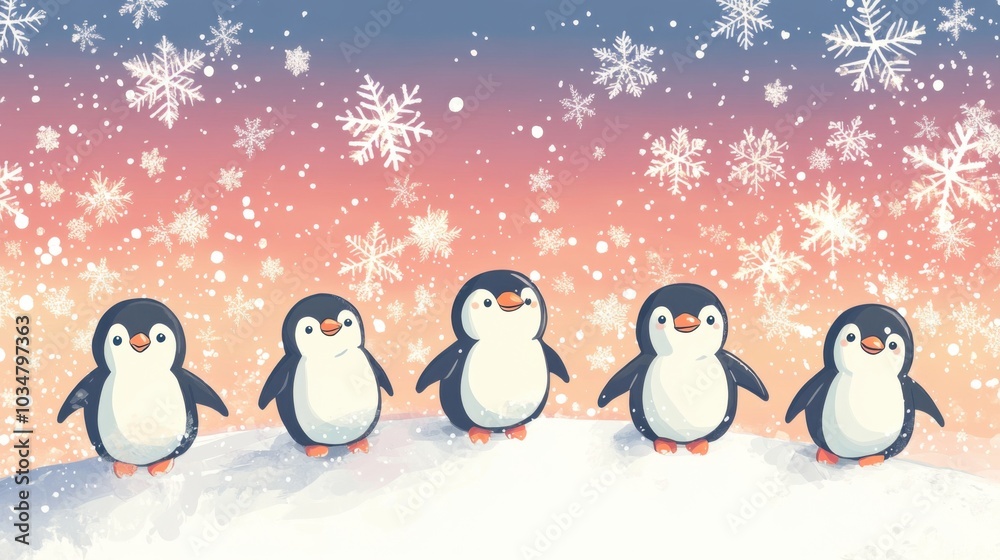 Five cute cartoon penguins stand on snowy ground, surrounded by falling snowflakes against a pastel sky. Five cute cartoon penguins stand on snowy ground, surrounded by falling snowflakes against a pastel sky.