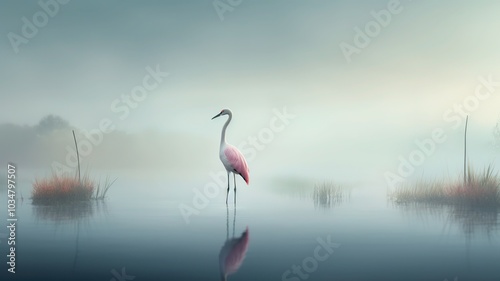 A serene, minimalist image of a lone flamingo standing on one leg in a tranquil, misty wetland, with soft morning light creating a peaceful, ethereal atmosphere. photo