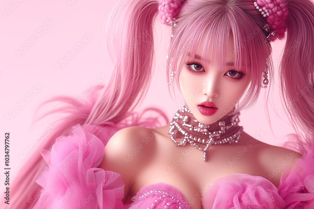A woman with long pink hair and a pink dress is wearing a necklace with pearls. She has a very pretty and elegant look A woman with long pink hair and a pink dress is wearing a necklace with pearls. She has a very pretty and elegant look