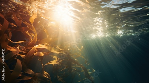 A surreal underwater scene capturing the mysterious, flowing undercurrents of the ocean, with ethereal light filtering through the water and abstract patterns of movement. photo