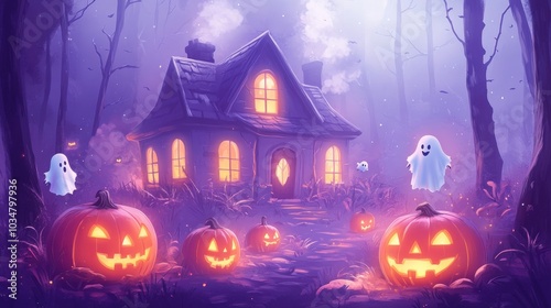 A spooky Halloween scene featuring a haunted house, glowing jack-o'-lanterns, and playful ghosts in a misty forest setting.