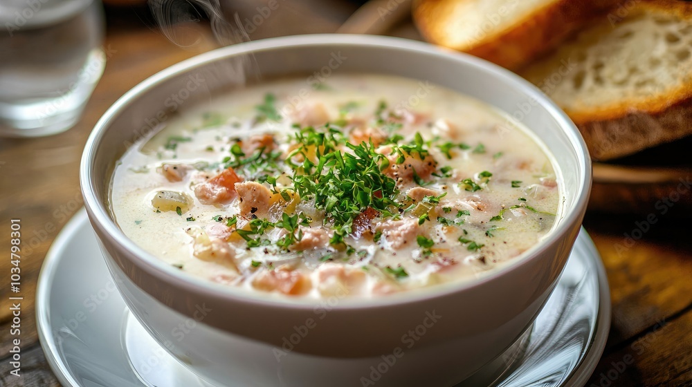 A steaming bowl of creamy soup with a garnish of herbs and a slice of crusty bread on the side