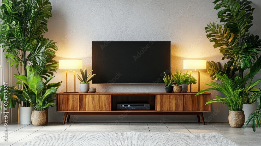 Contemporary living room with a sleek TV cabinet, surrounded by houseplants and glowing lamps near a white wall.