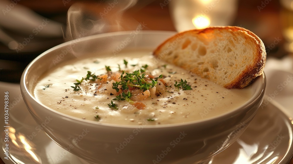 A steaming bowl of creamy soup with a garnish of herbs and a slice of crusty bread on the side A steaming bowl of creamy soup with a garnish of herbs and a slice of crusty bread on the side
