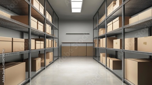 Rows of Cardboard Boxes on Metal Shelving in a Warehouse