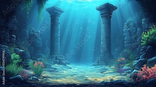 Fototapeta Naklejka Na Ścianę i Meble -  Two ancient stone pillars stand tall in the depths of the ocean, bathed in sunlight, with a rocky seabed and a colorful coral reef.