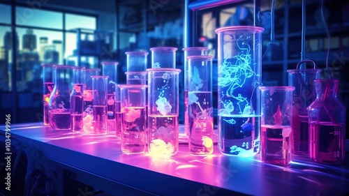 An artistic representation of a UV light experiment in a laboratory, with glowing test tubes