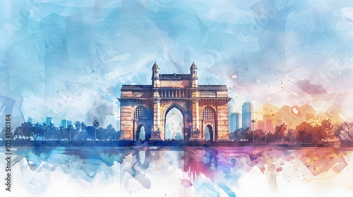 Watercolor splash with hand drawn sketch of Gateway of India Mumbai, India in illustration photo