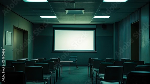 Empty Auditorium with a Single Chair in Front of a Projection Screen